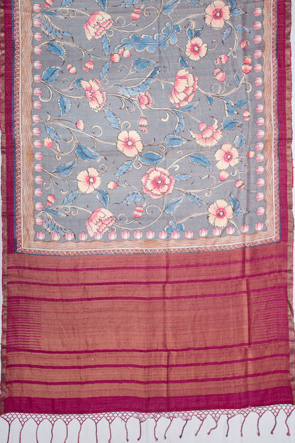 Tussar Floral Printed Grey Saree