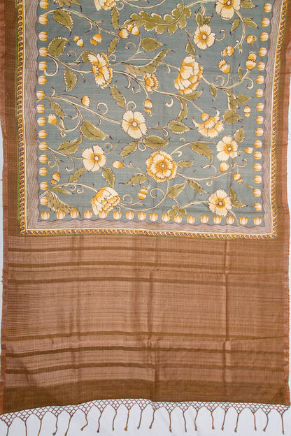 Tussar Floral Printed Grey Saree