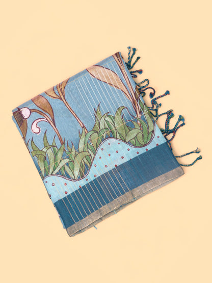 Tussar Floral Printed Blue Saree
