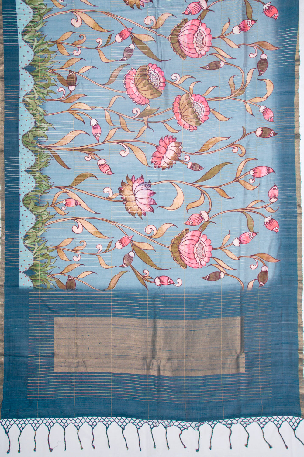 Tussar Floral Printed Blue Saree