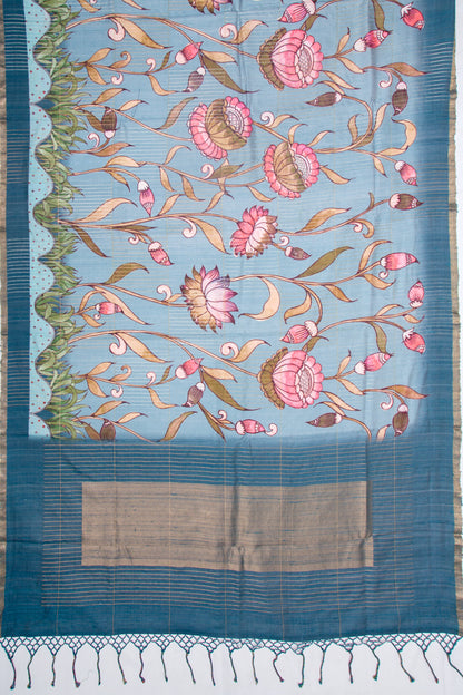 Tussar Floral Printed Blue Saree