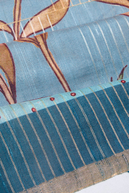 Tussar Floral Printed Blue Saree