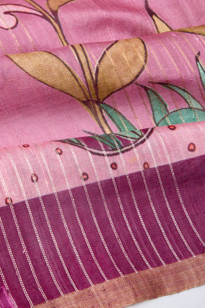 Tussar Floral Printed Pink Saree