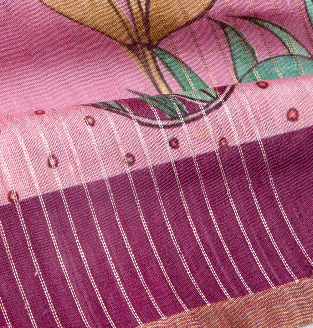 Tussar Floral Printed Pink Saree