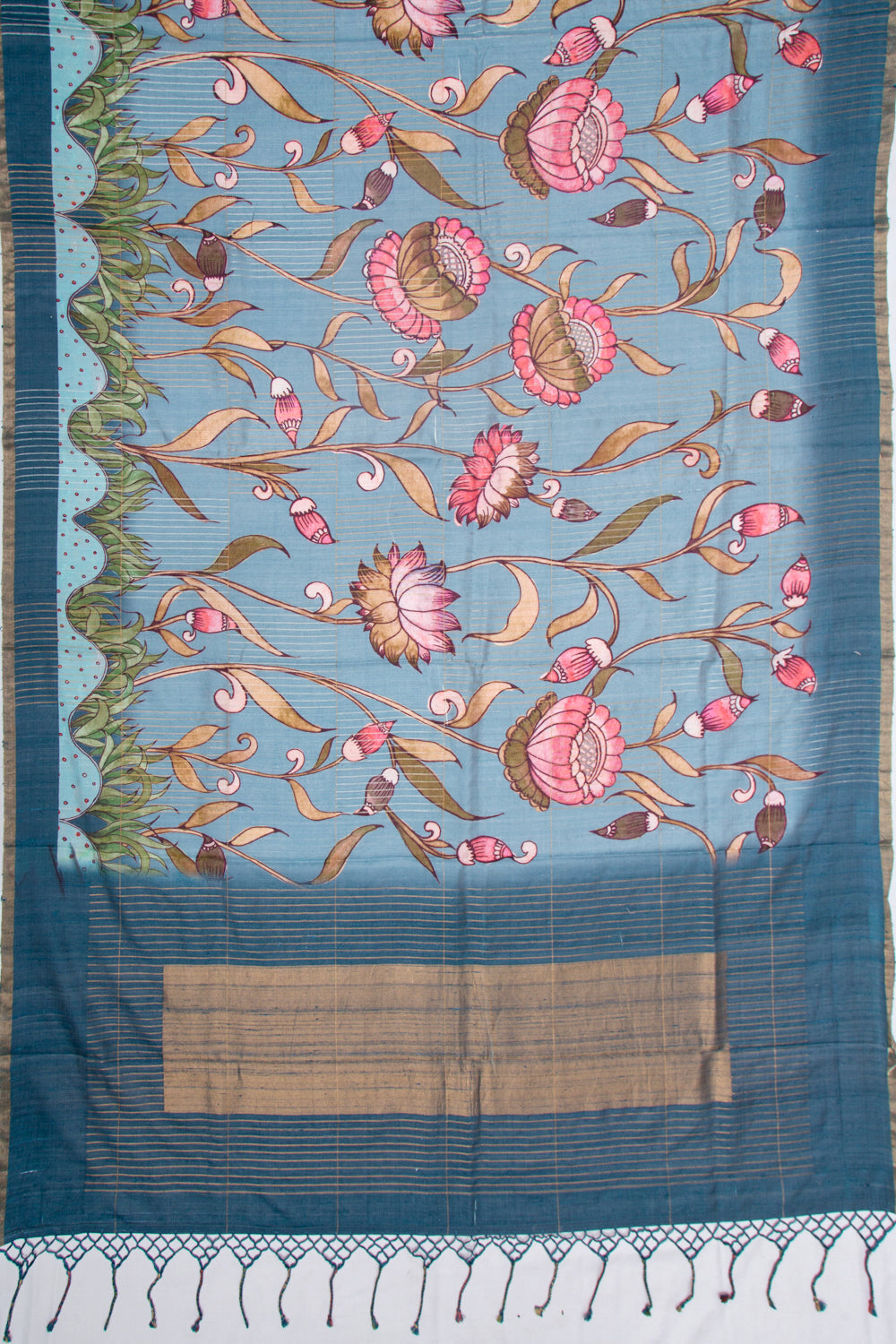 Tussar Floral Printed Blue Saree