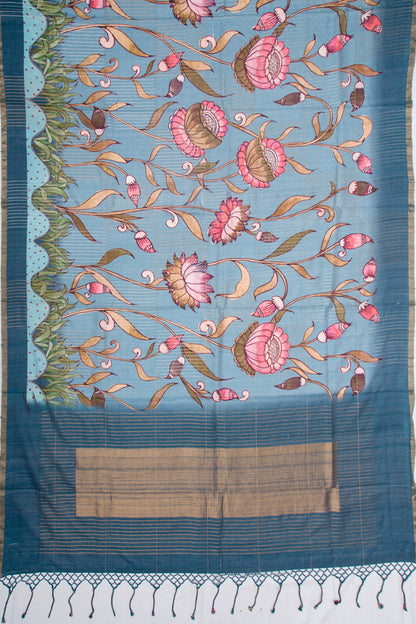 Tussar Floral Printed Blue Saree