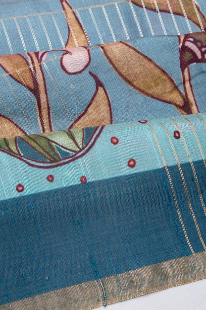 Tussar Floral Printed Blue Saree