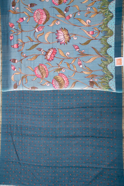 Tussar Floral Printed Blue Saree
