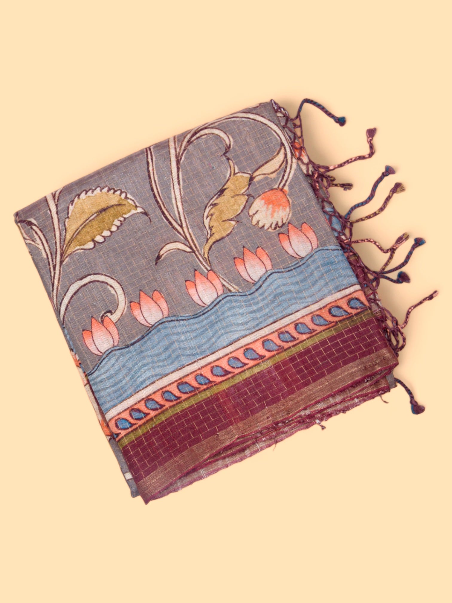 Tussar Floral Printed Grey Saree