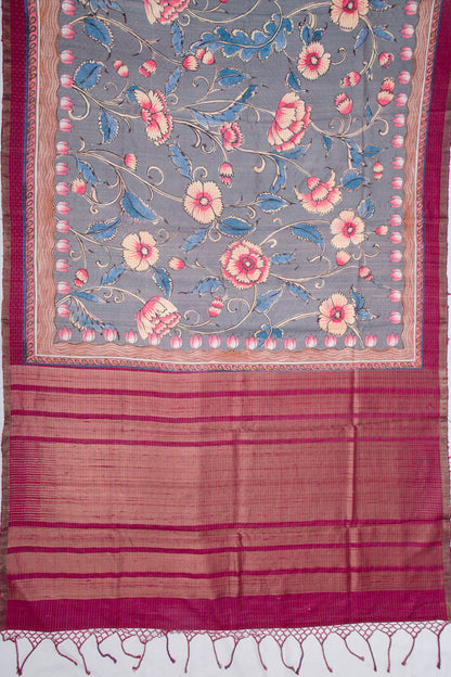 Tussar Floral Printed Grey Saree