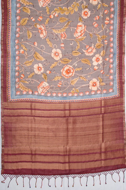Tussar Floral Printed Grey Saree