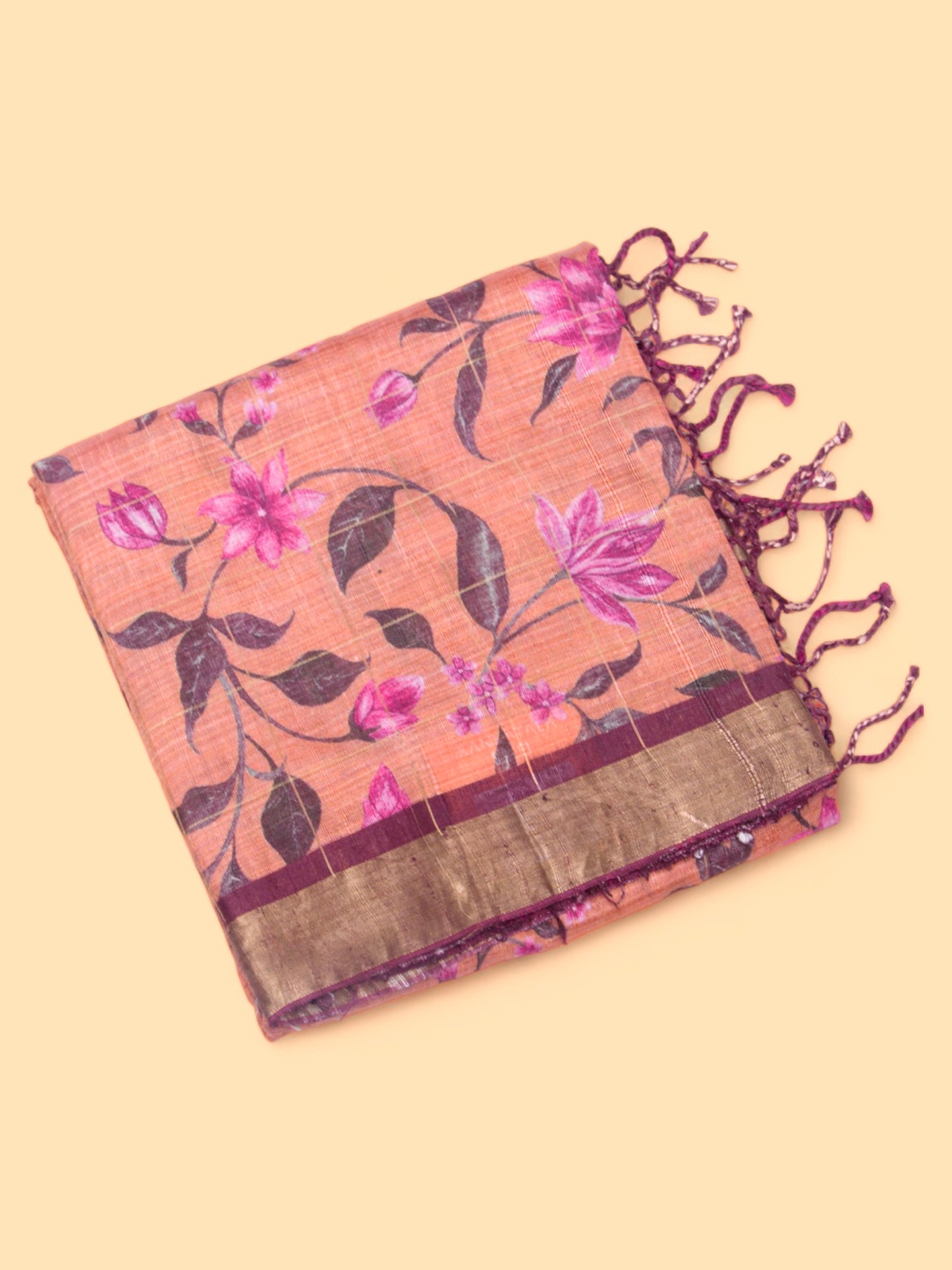 Tussar Floral Printed Orange Saree