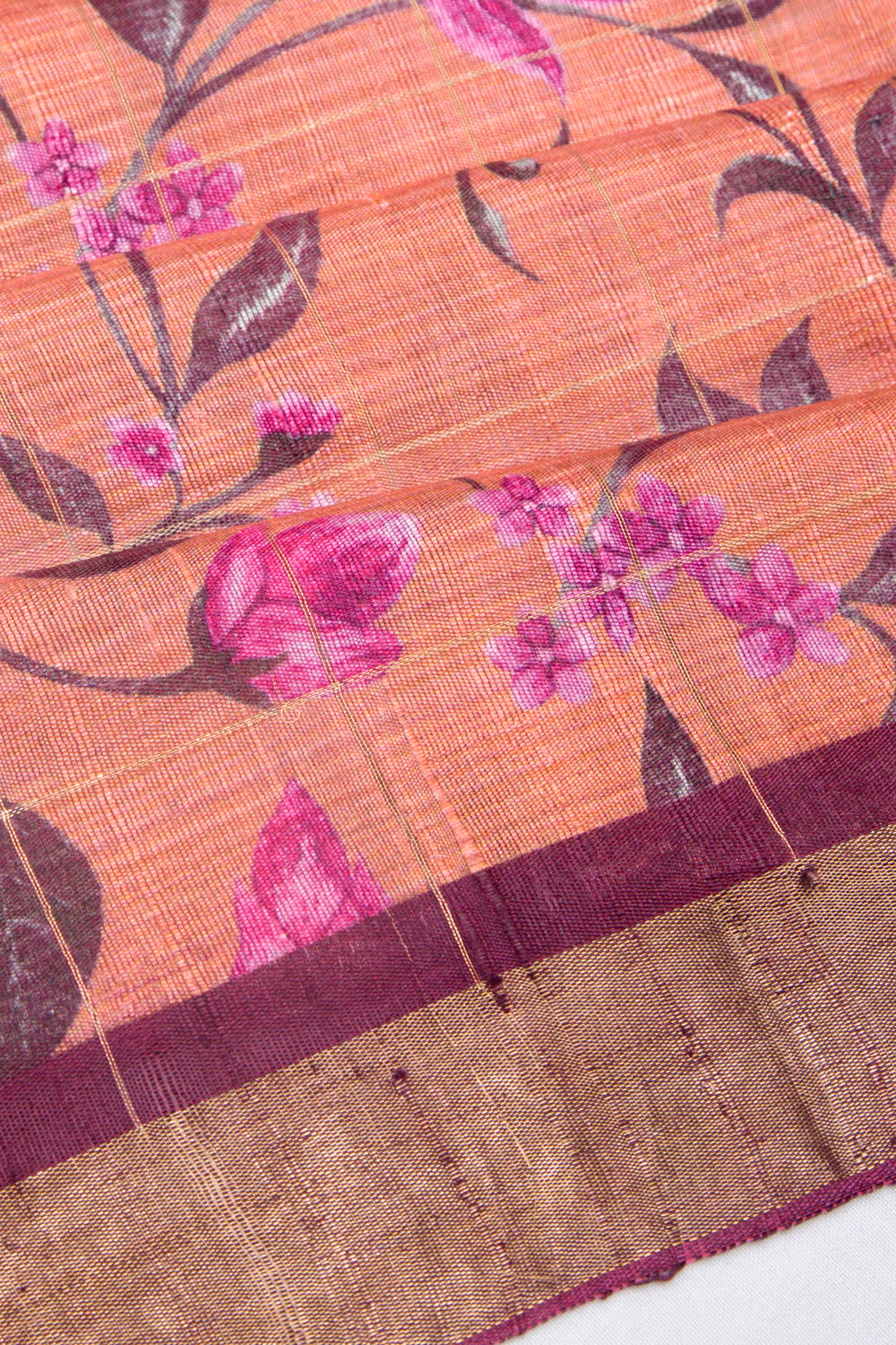 Tussar Floral Printed Orange Saree