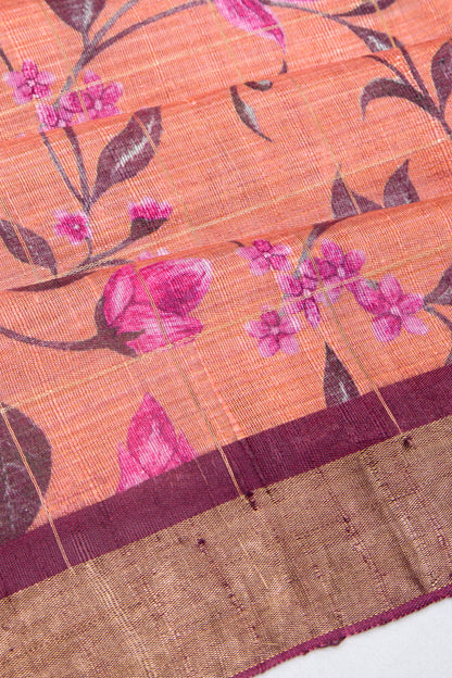 Tussar Floral Printed Orange Saree
