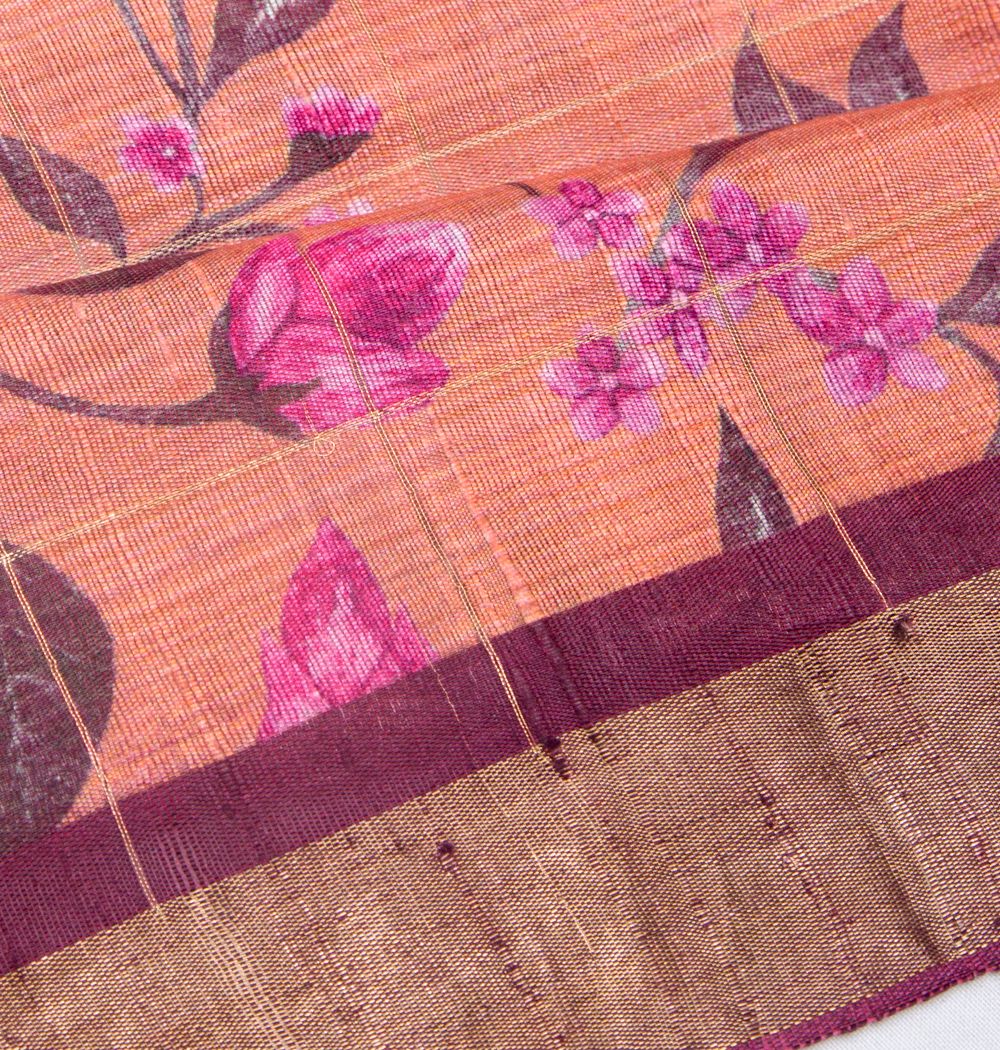 Tussar Floral Printed Orange Saree