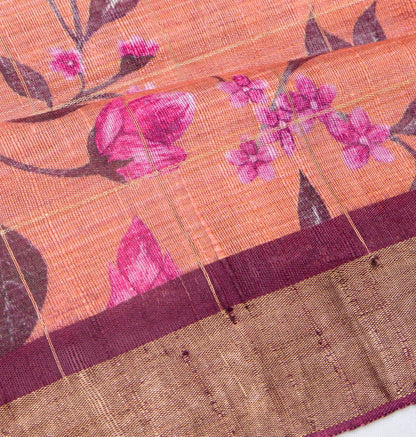 Tussar Floral Printed Orange Saree