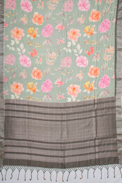 Tussar Floral Printed Pastel Green Saree