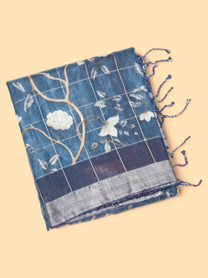 Tussar Floral Printed Blue Saree