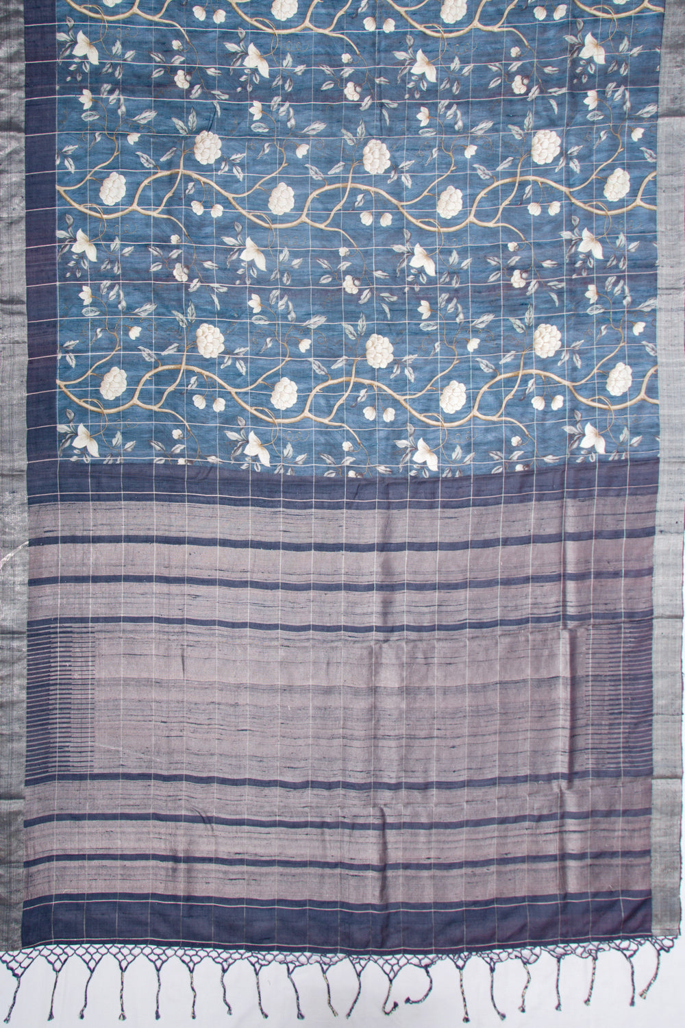 Tussar Floral Printed Blue Saree