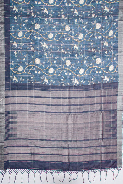 Tussar Floral Printed Blue Saree