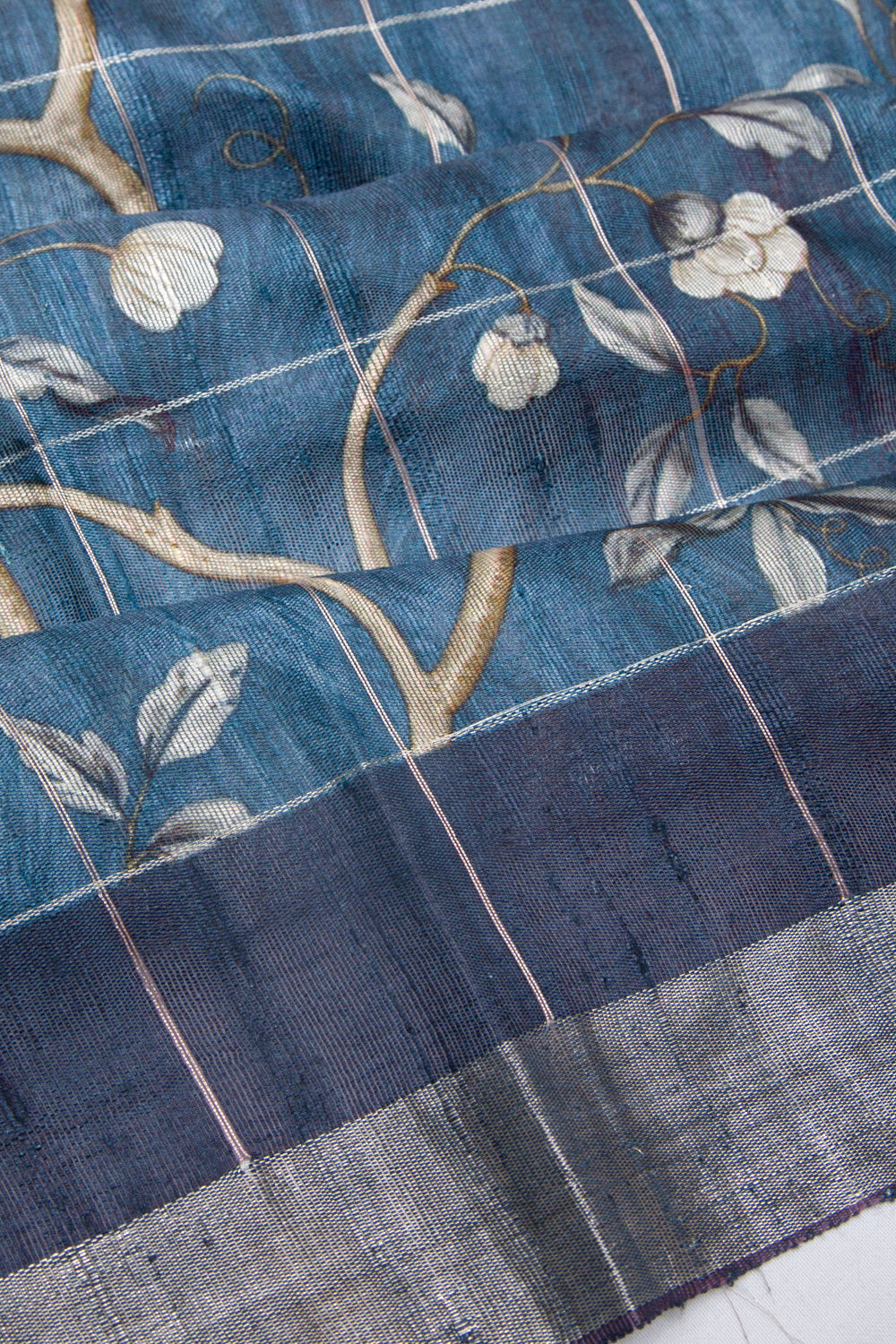 Tussar Floral Printed Blue Saree