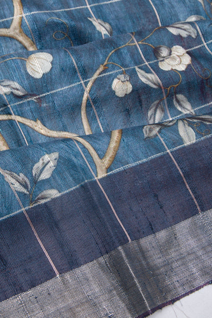 Tussar Floral Printed Blue Saree