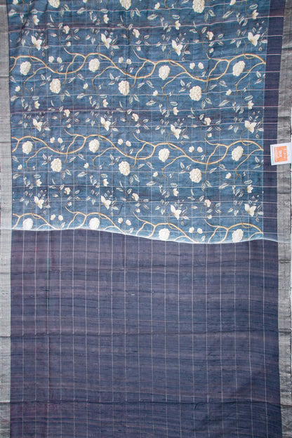 Tussar Floral Printed Blue Saree