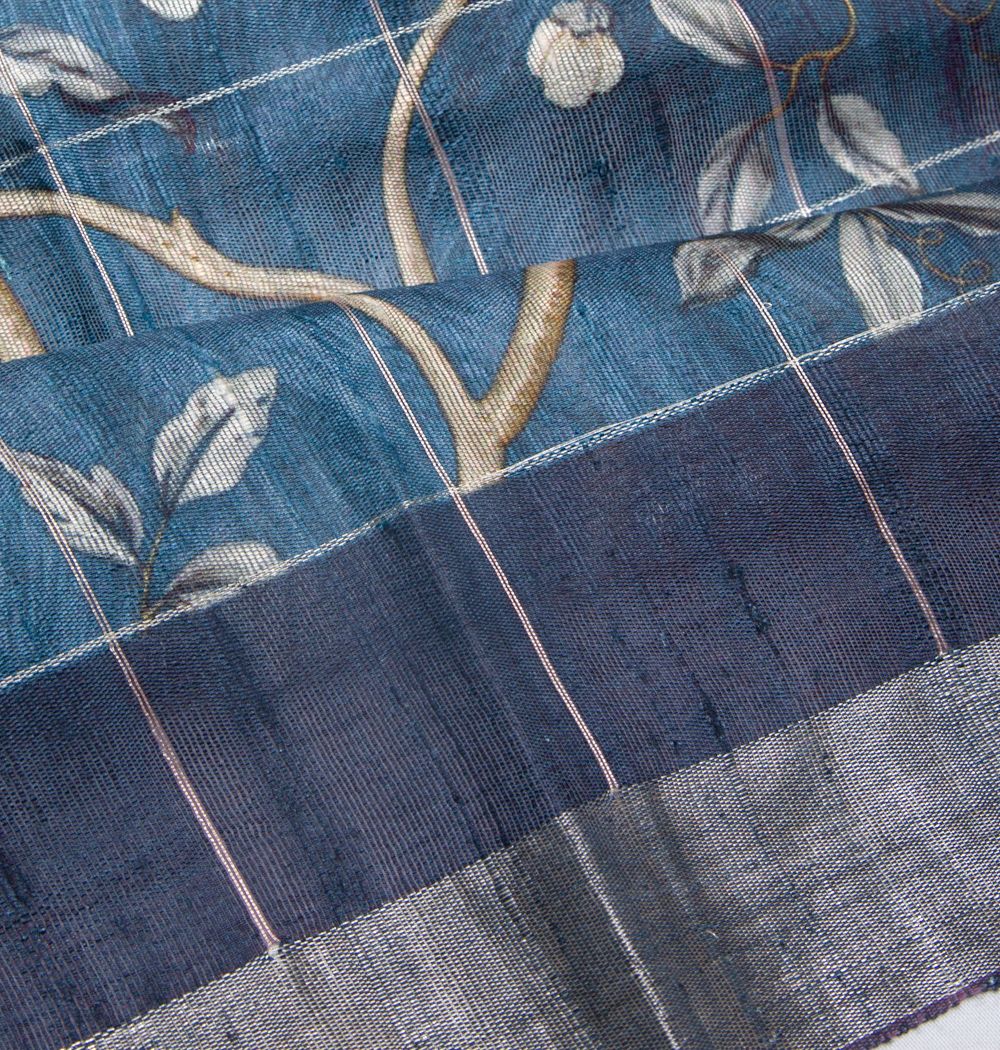 Tussar Floral Printed Blue Saree