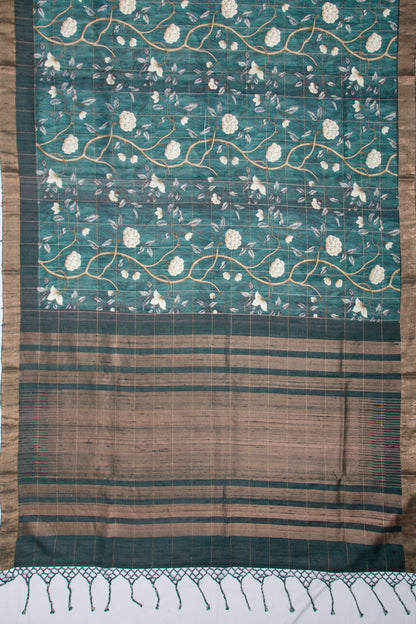 Tussar Floral Printed Green Saree