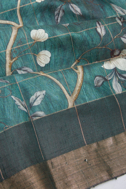 Tussar Floral Printed Green Saree