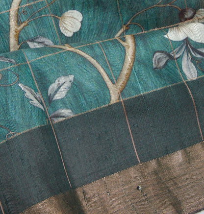 Tussar Floral Printed Green Saree