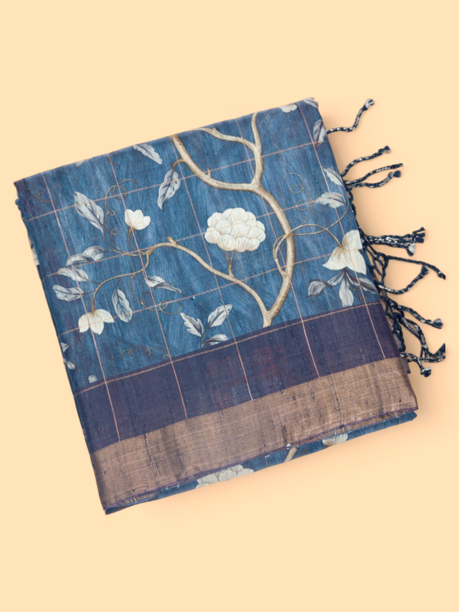 Tussar Floral Printed Blue Saree