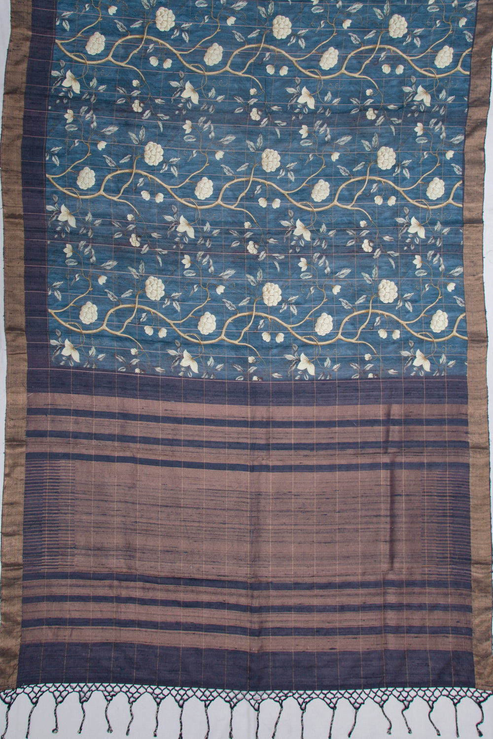 Tussar Floral Printed Blue Saree