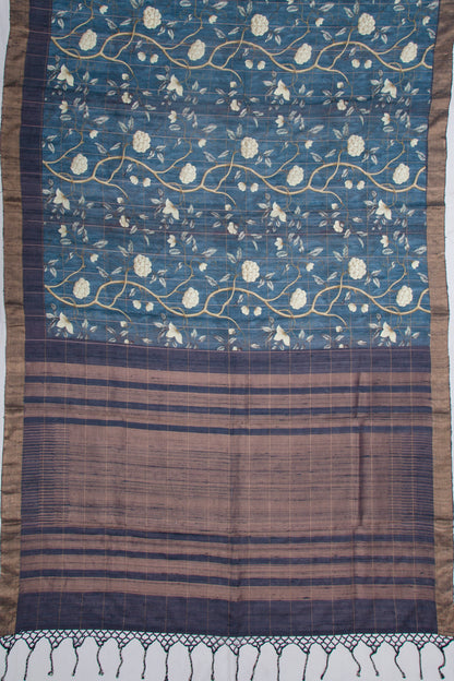 Tussar Floral Printed Blue Saree