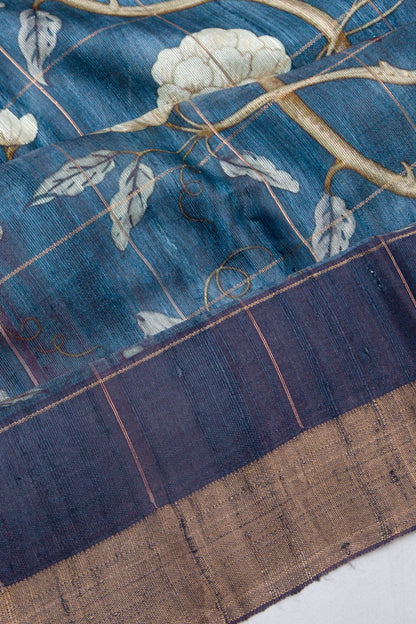 Tussar Floral Printed Blue Saree