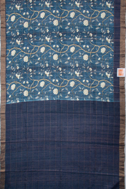 Tussar Floral Printed Blue Saree
