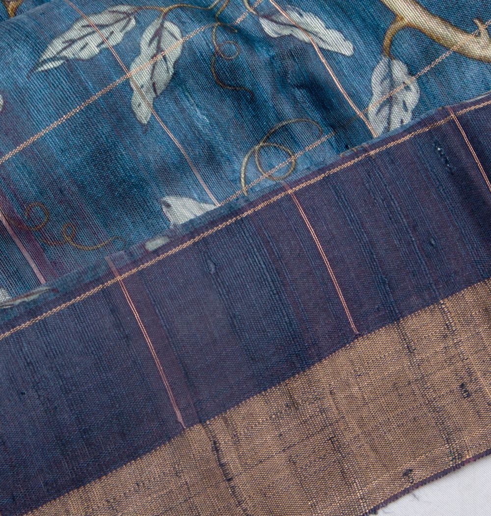 Tussar Floral Printed Blue Saree