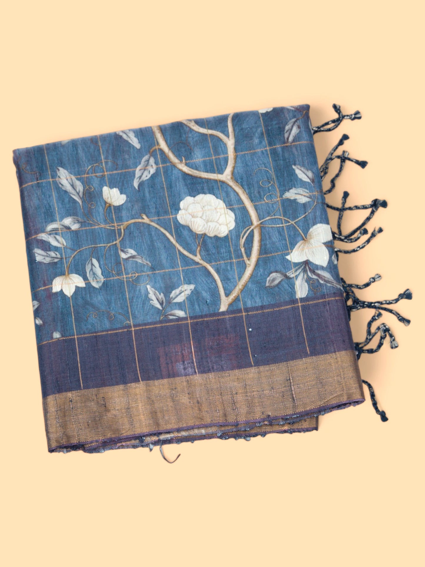 Tussar Floral Printed Blue Saree