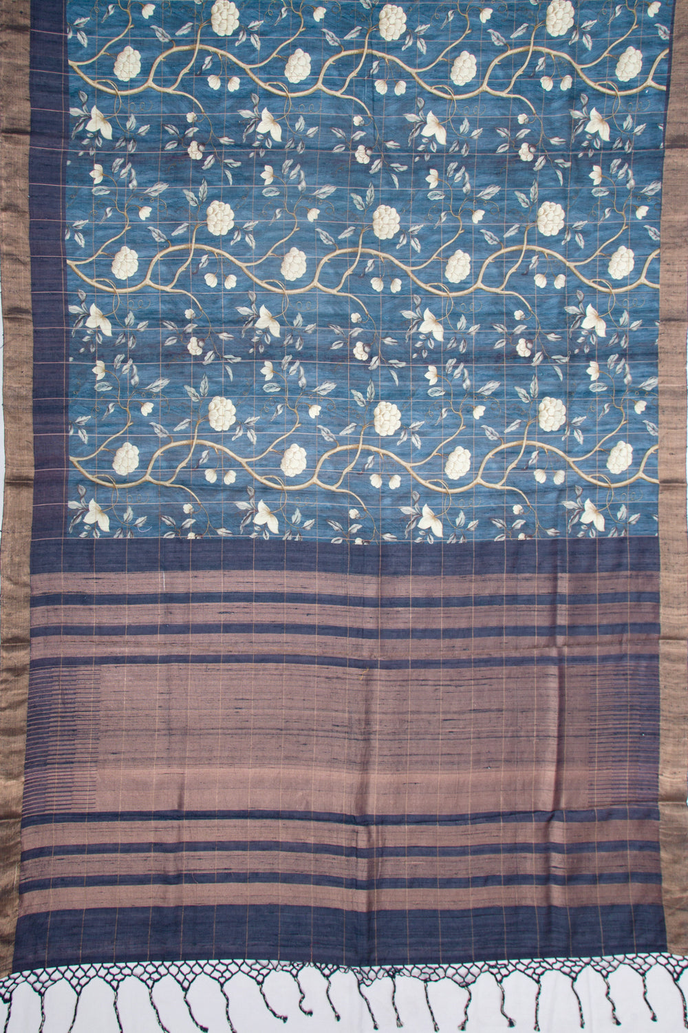 Tussar Floral Printed Blue Saree