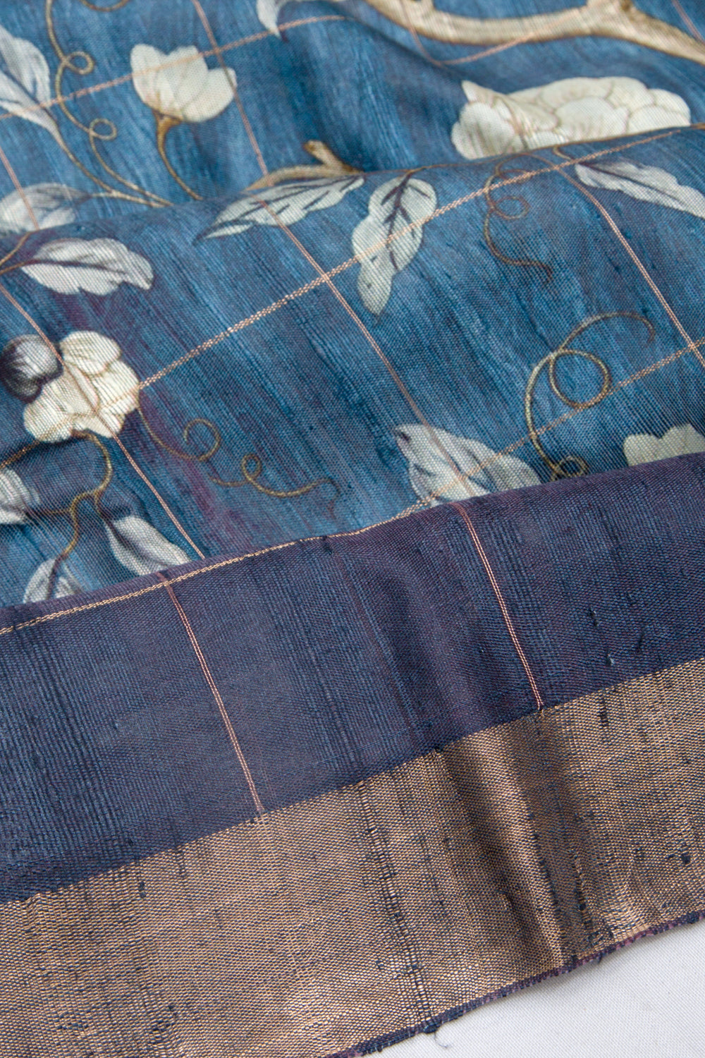 Tussar Floral Printed Blue Saree