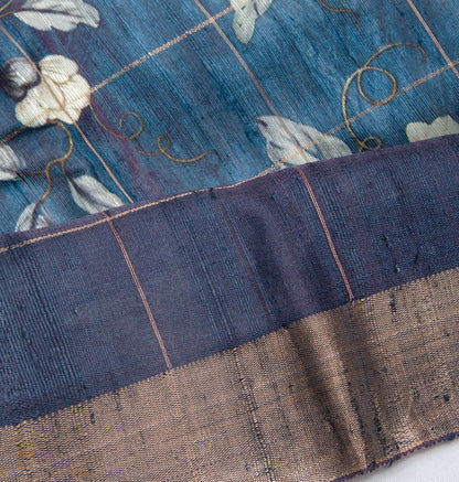 Tussar Floral Printed Blue Saree