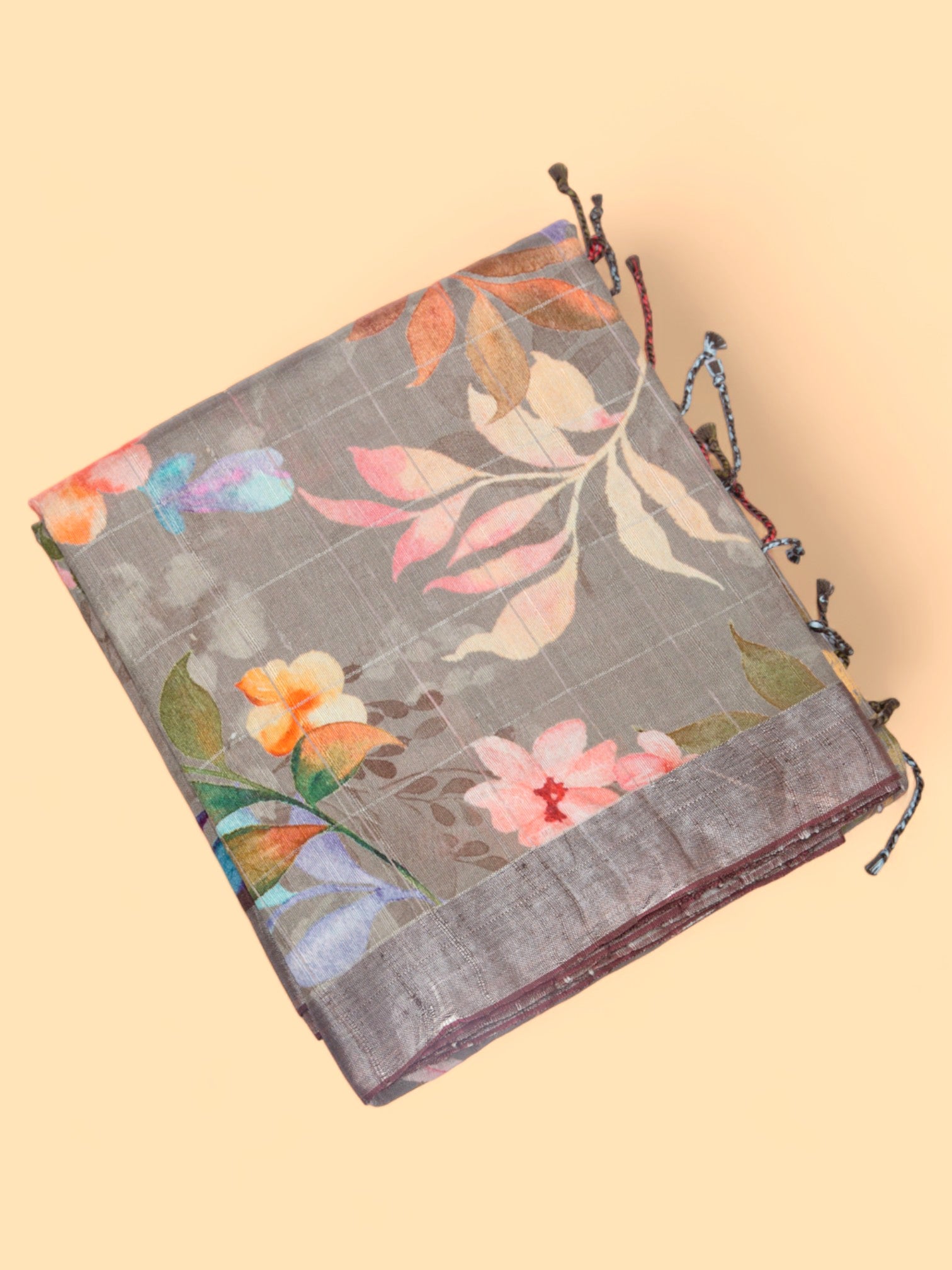 Tussar Floral Printed Grey Saree