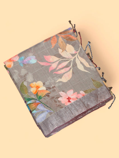 Tussar Floral Printed Grey Saree