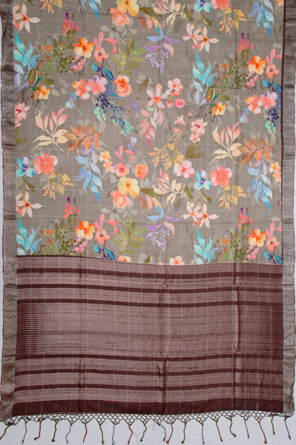 Tussar Floral Printed Grey Saree