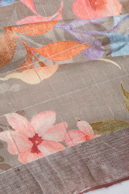 Tussar Floral Printed Grey Saree