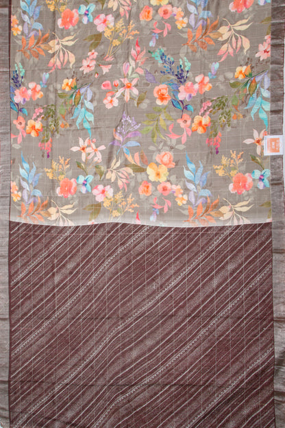 Tussar Floral Printed Grey Saree