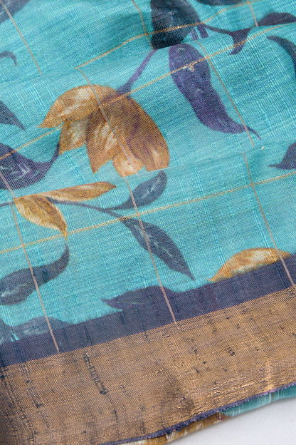 Tussar Floral Printed Sky Blue Saree