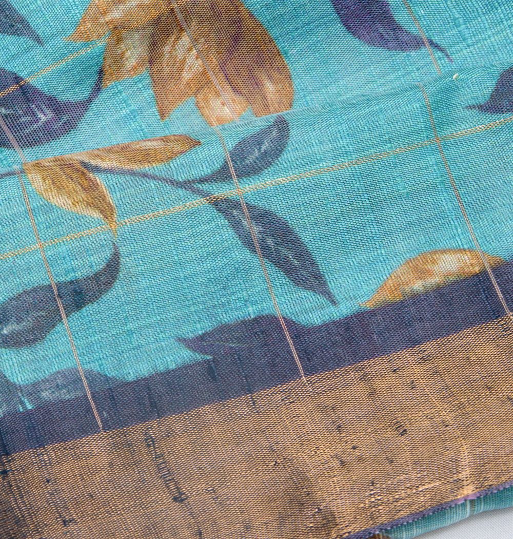 Tussar Floral Printed Sky Blue Saree
