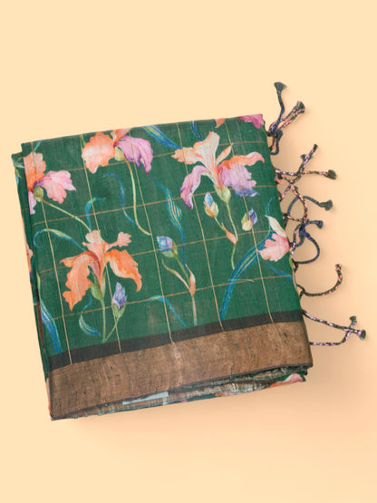 Tussar Floral Printed Green Saree