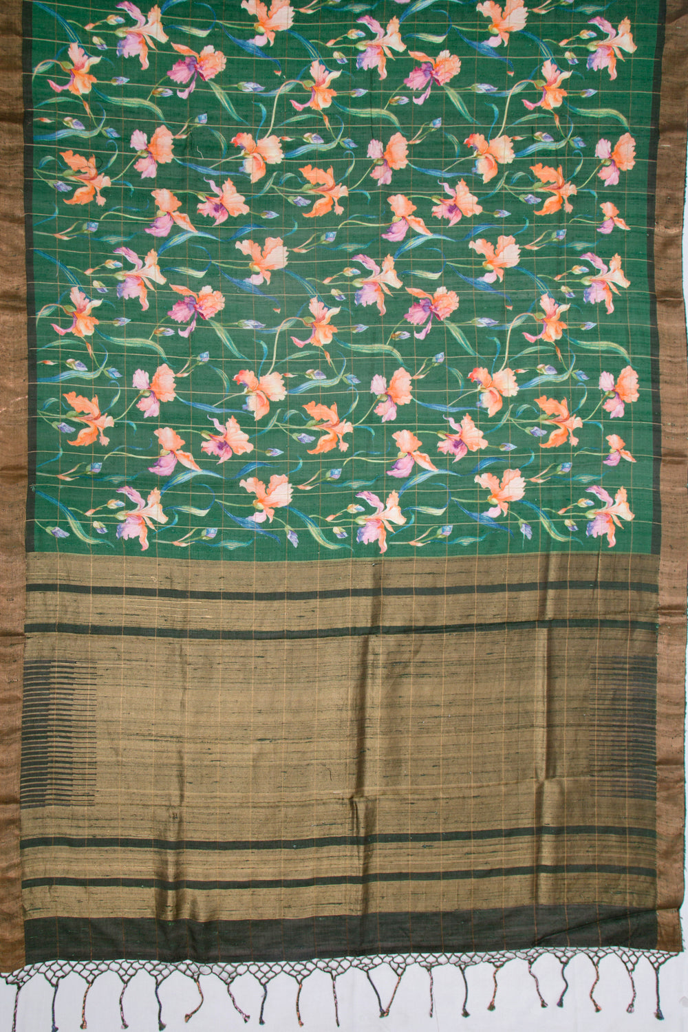 Tussar Floral Printed Green Saree